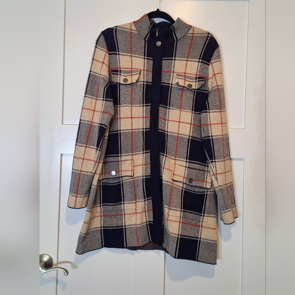 Max Studio Plaid Zip Up Long Jacket Stretch Soft Viscose Blend Cream Black XL